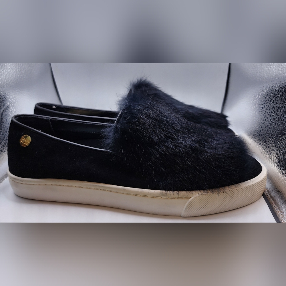 Louise et Cie Lo Bershner Black Rabbit Fur Suede Slip-on Sneakers size 10 NIB